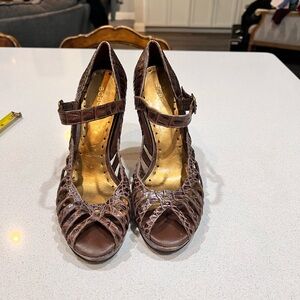 Vintage Brown Croc-Embossed Peep-Toe Mary Jane Heels